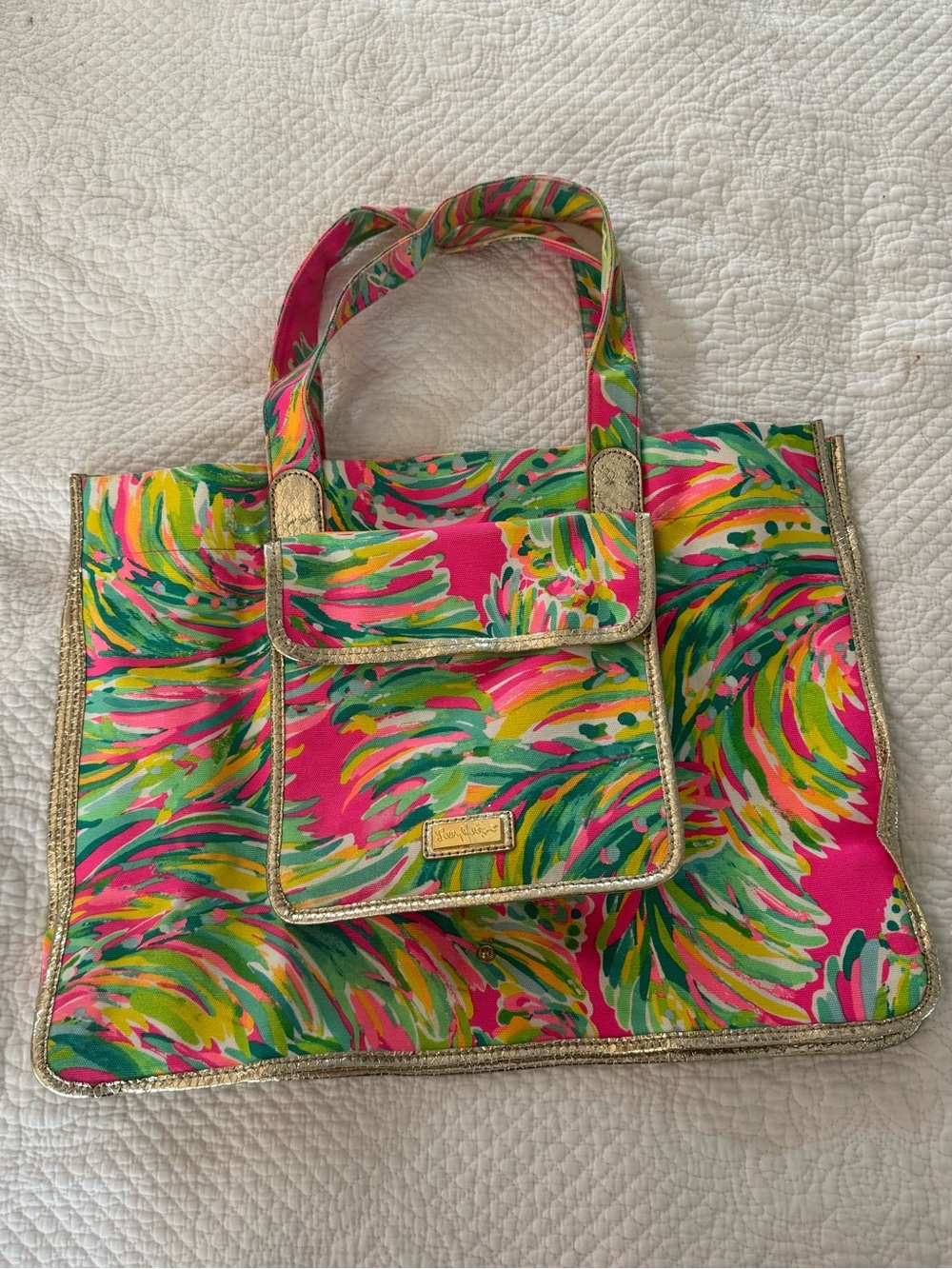 Packable Lily Pulitzer  Pink Multi-Color  Tote Bag with Gold Trim